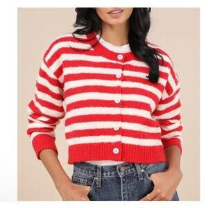 Lulu's Red White Striped Cardigan Sweater Cropped Button Front Nautical Preppy M